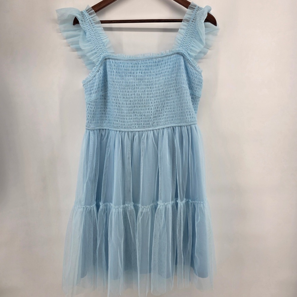 Blue Tulle Smocked Mini Dress Ruffle Shoulder Tiered Mesh NWT L cottage coquette